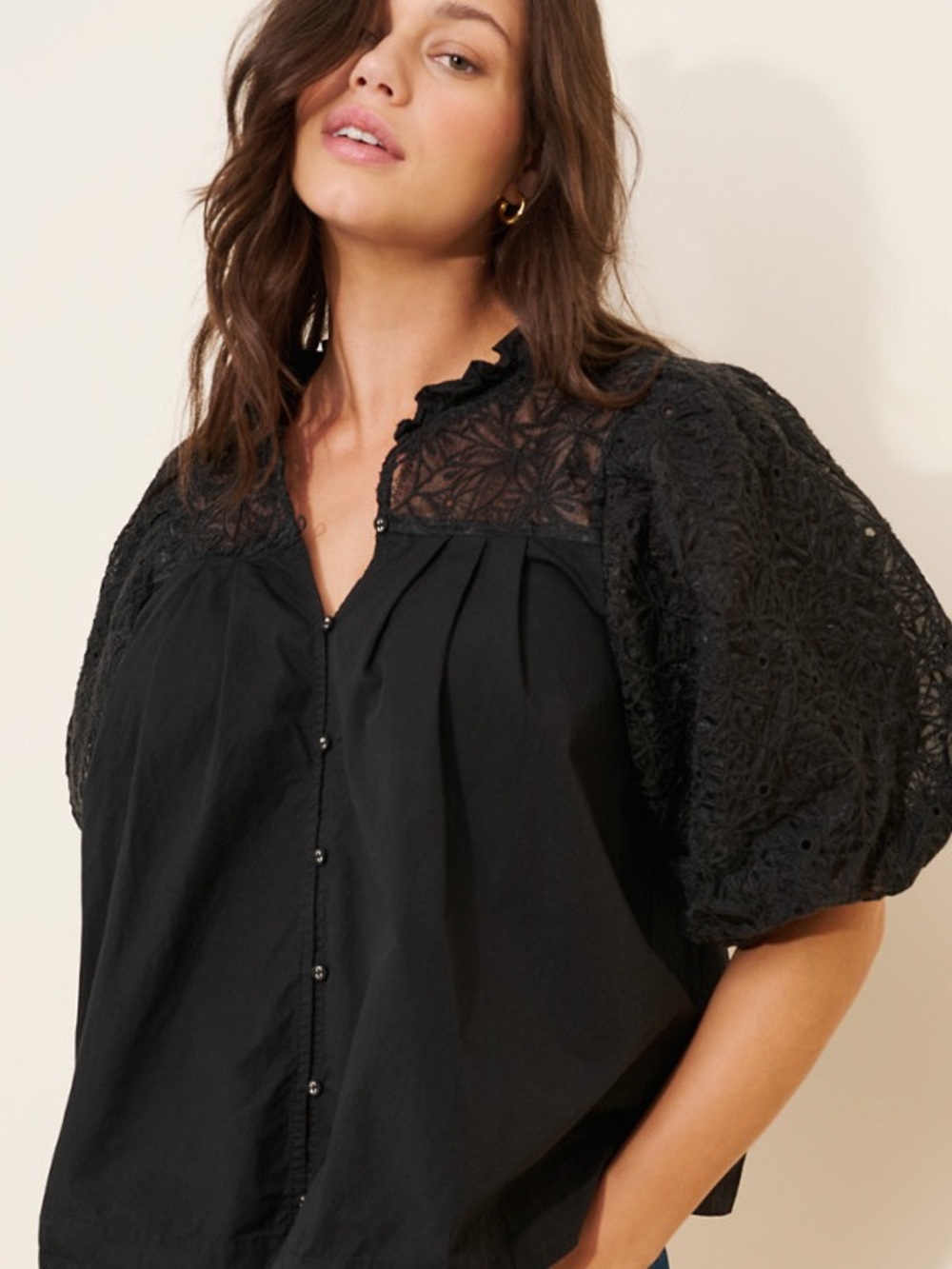 anthropologie 3x Black Lace Yoke Button-Front Women's Top